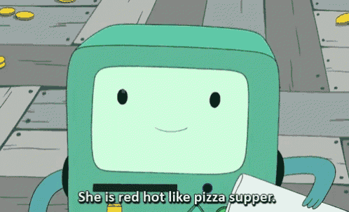 a cartoon character with the words she is red hot like pizza supper