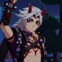 a cartoon character with horns on his head is holding a sword in his right hand .