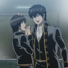 two anime characters are standing next to each other and one is touching the other 's head