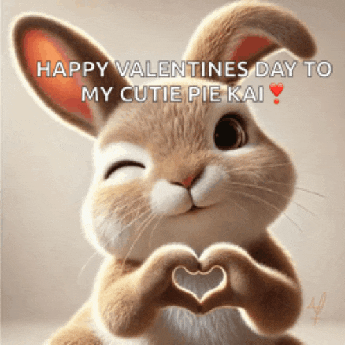 a rabbit is making a heart shape with its hands and says happy valentines day to my cutie pie kai