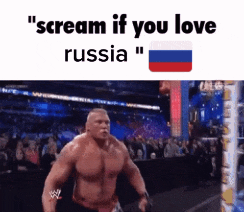 a muscular man is standing in front of a crowd and screaming if you love russia .