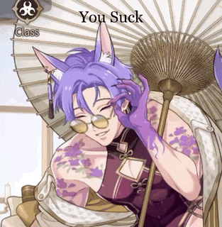 a cartoon of a person with purple hair holding an umbrella with the words you suck on the bottom