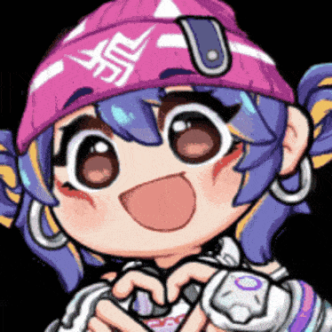 a cartoon girl wearing a pink beanie is making a heart shape with her hands