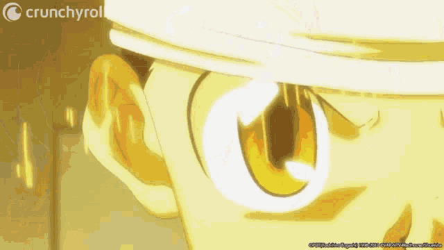 a close up of a person 's eyes with crunchyroll written on the bottom right