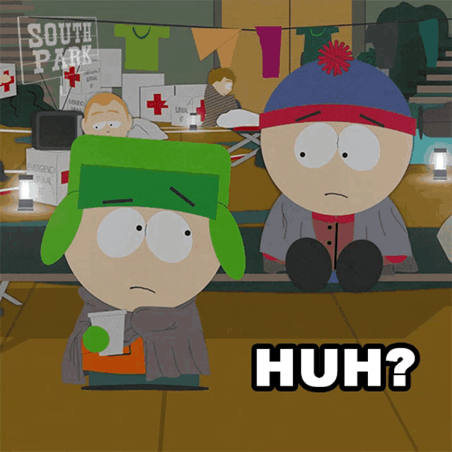 two south park characters are sitting in front of a sign that says emergency