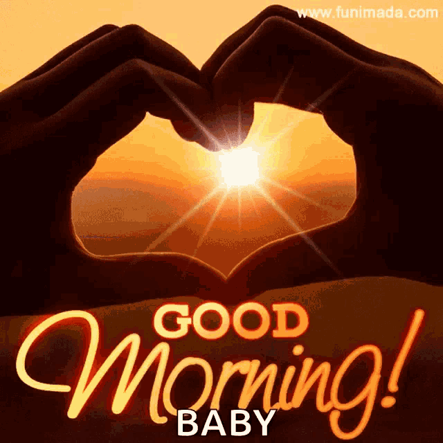 a good morning baby greeting card with a hand making a heart shape