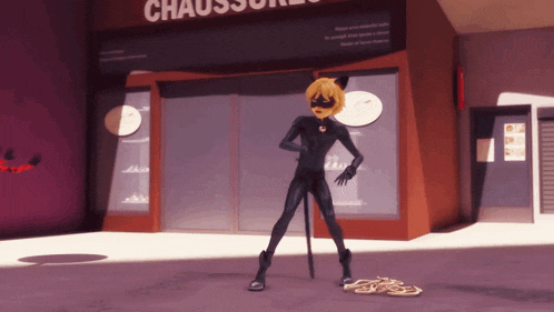 a cartoon character is standing in front of a chaussures store