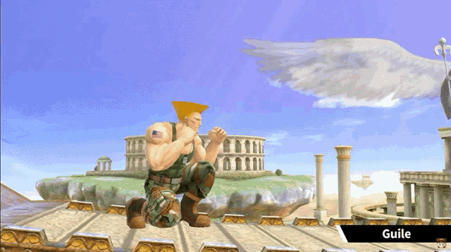a video game character named guile is kneeling down in front of a building