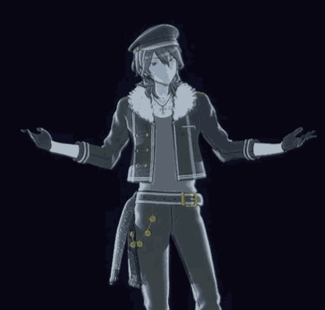 a man with his arms outstretched wearing a black hat