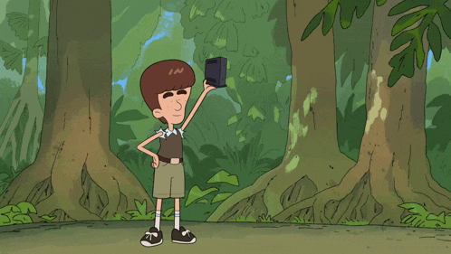 a cartoon drawing of a boy holding a bird on his head