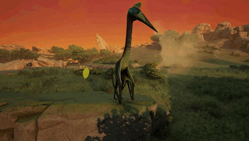 a dinosaur is standing on a rock in a field