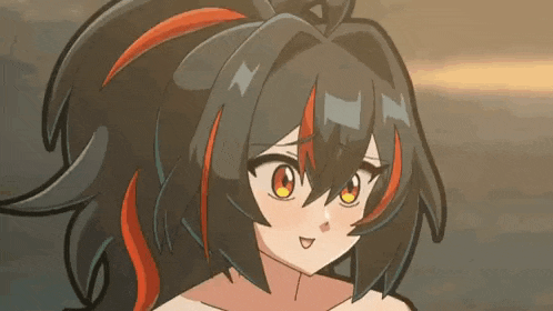 a close up of a cartoon girl with black hair and red highlights .