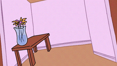 a cartoon of a furry character standing next to a vase of flowers