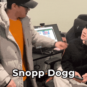two men standing next to each other with the word snoop dogg written on the bottom