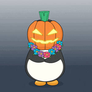 a penguin with a pumpkin on its head and flowers around his neck