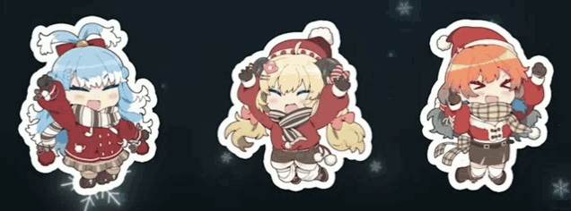 three stickers of a girl in a santa hat