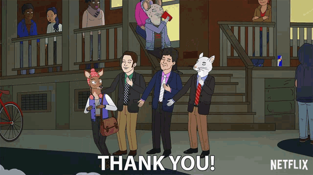 a group of people are standing in front of a building with the words thank you