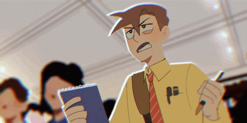 a man in a yellow shirt and tie is holding a pen and a notebook