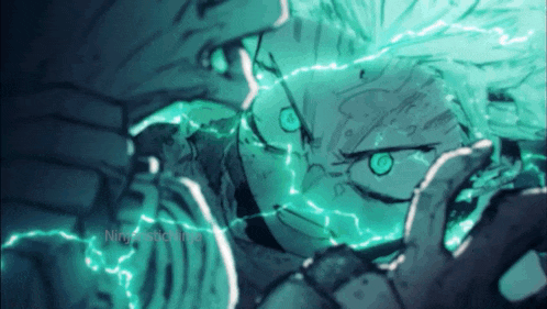 a close up of a person 's face with green lightning coming out of his eyes