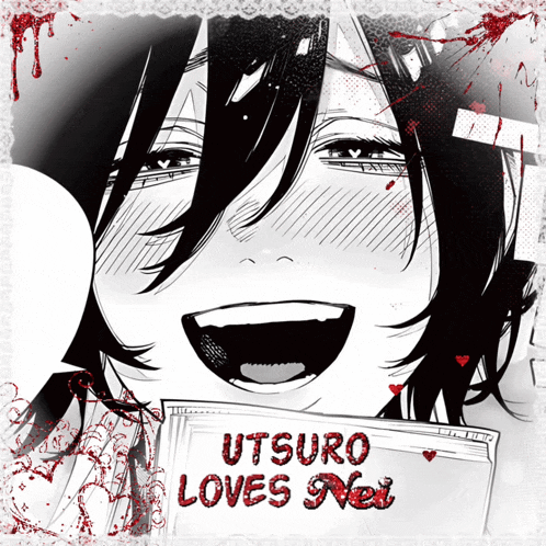 a black and white drawing of a girl with a sign that says utsuro loves you
