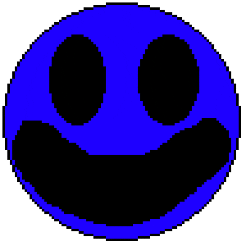 a pixel art of a blue smiley face with black eyes and mouth .