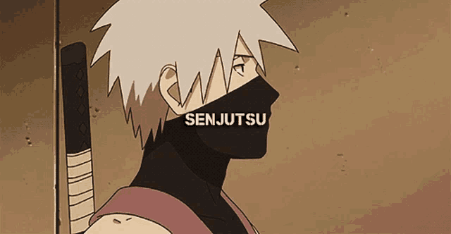 a drawing of a man with a mask and the word senjutsu on the bottom