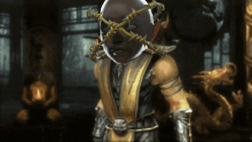 a video game character with barbed wire around their eyes