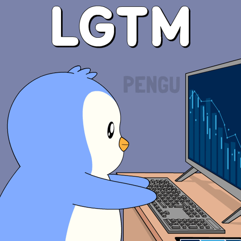 a cartoon of a penguin looking at a computer screen with the word lgtm behind it