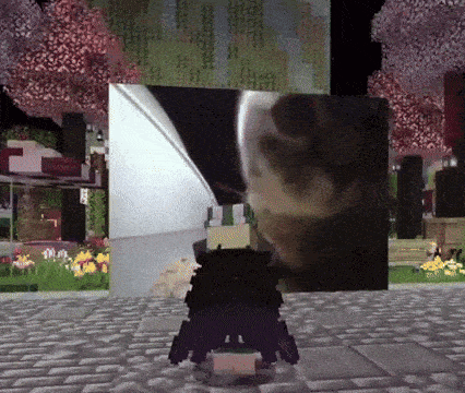 a cartoon character is standing in front of a large screen with a picture of a dog on it