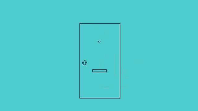 a drawing of a man standing in front of a door
