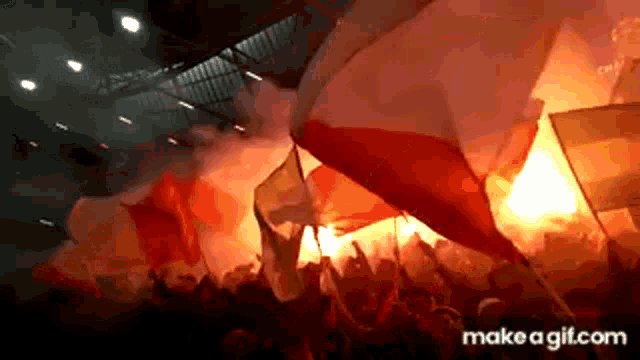 a crowd of people holding flags in a stadium with flames coming out of them