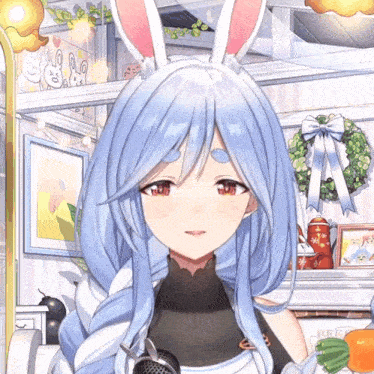 a girl with blue hair and bunny ears stands in front of a sign that says ' rabbit ' on it