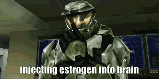 a video game character with the words injecting estrogen into brain