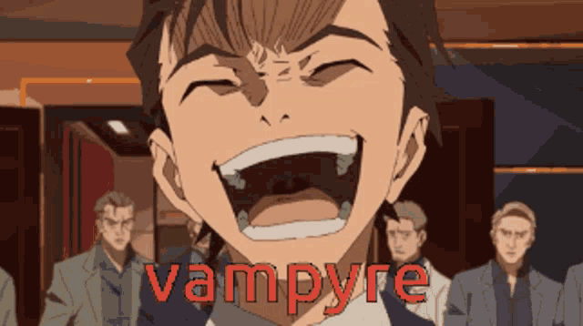 a cartoon of a man laughing with the word vampire written below him
