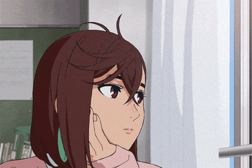 a girl with brown hair and red eyes looks out of a window