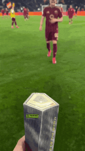 a person holding a trophy that says ' panini ' on it in front of a soccer field