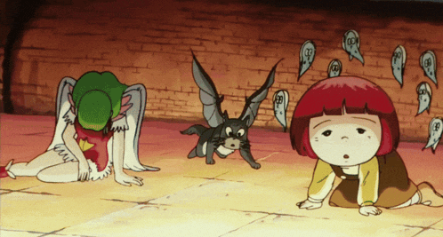 a cartoon drawing of a girl with red hair and a cat with ghosts around them
