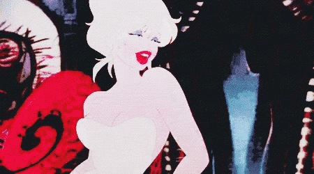 a cartoon woman in a white dress with red lips