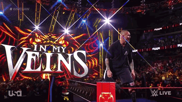 a man in a black shirt stands in front of a sign that says " in my veins "