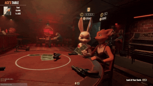 a screenshot of a video game called ace 's table with two rabbits playing cards