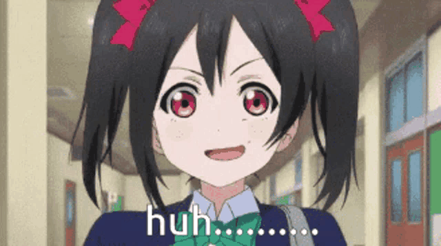 a girl in a school uniform says huh in a hallway ..