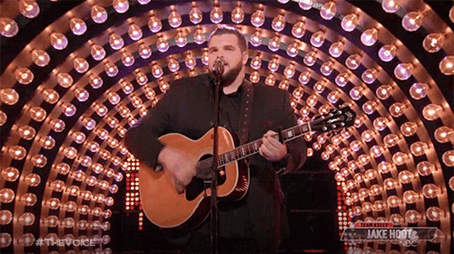a man is singing into a microphone while playing a guitar .