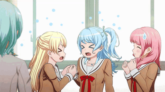a group of anime girls are standing around talking