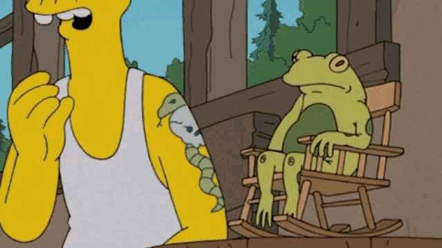 a frog sits in a rocking chair next to a man with a tattoo