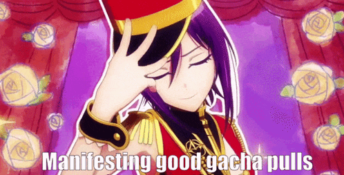 a girl with purple hair is wearing a red and gold outfit and a top hat and says manifesting good gacha pulls