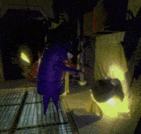 a person in a purple suit is standing in a dark room with a yellow light behind them