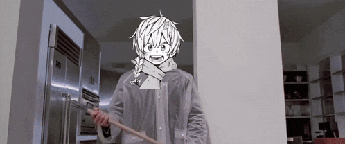 a black and white drawing of a person in a raincoat holding a broom