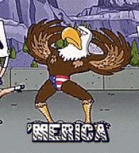 a bald eagle is standing in front of the word merica .