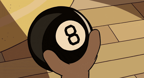 a cartoon hand is holding a pool ball with the number eight on it