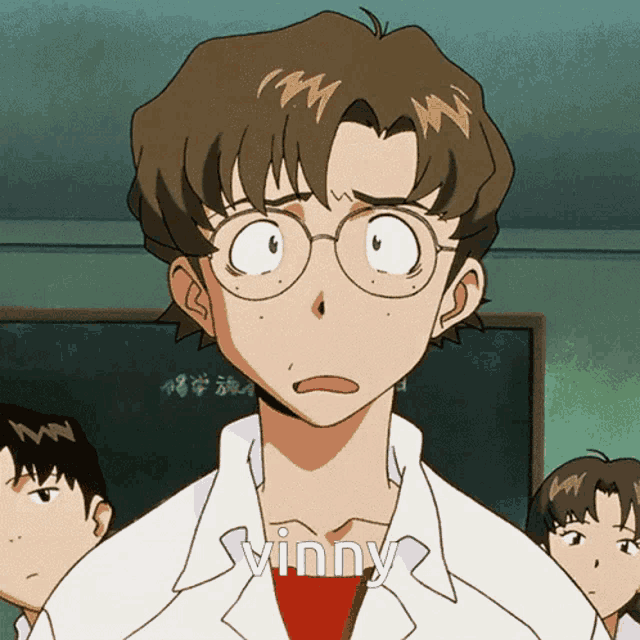 a cartoon character with glasses and the name vinny on his chest